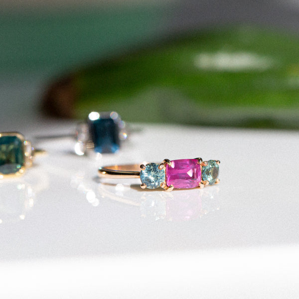 Kimberley | Forest Sunset - Vivid Pink & Forest Green Teal Sapphires Ring