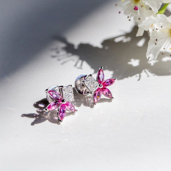 Kimberley | Sakura II - Deep Pink Sapphire & Lab Diamond Earrings Top down View