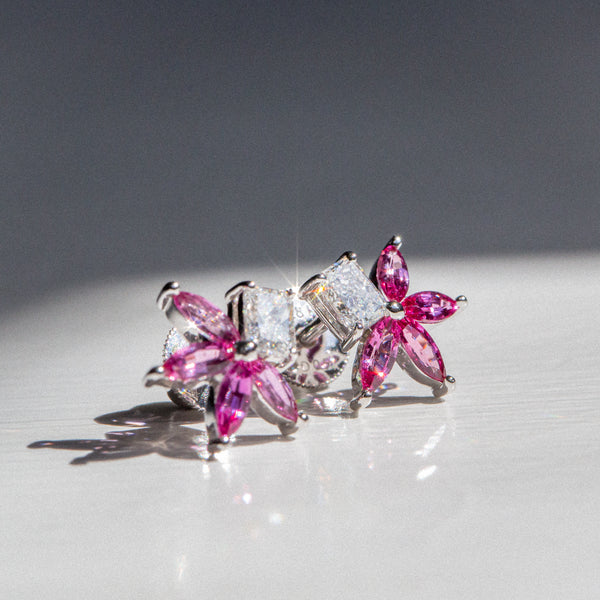 Kimberley | Sakura II - Deep Pink Sapphire & Lab Diamond Earrings Closeup