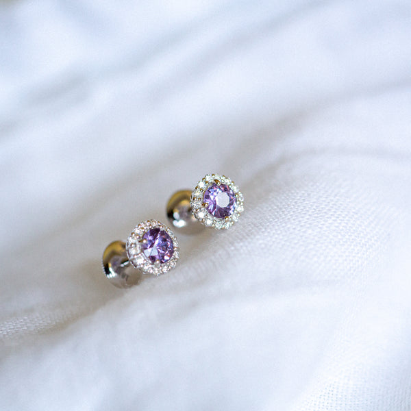 Kimberley | Halo Earrings - Purple Sapphires & Lab Diamonds Angled View