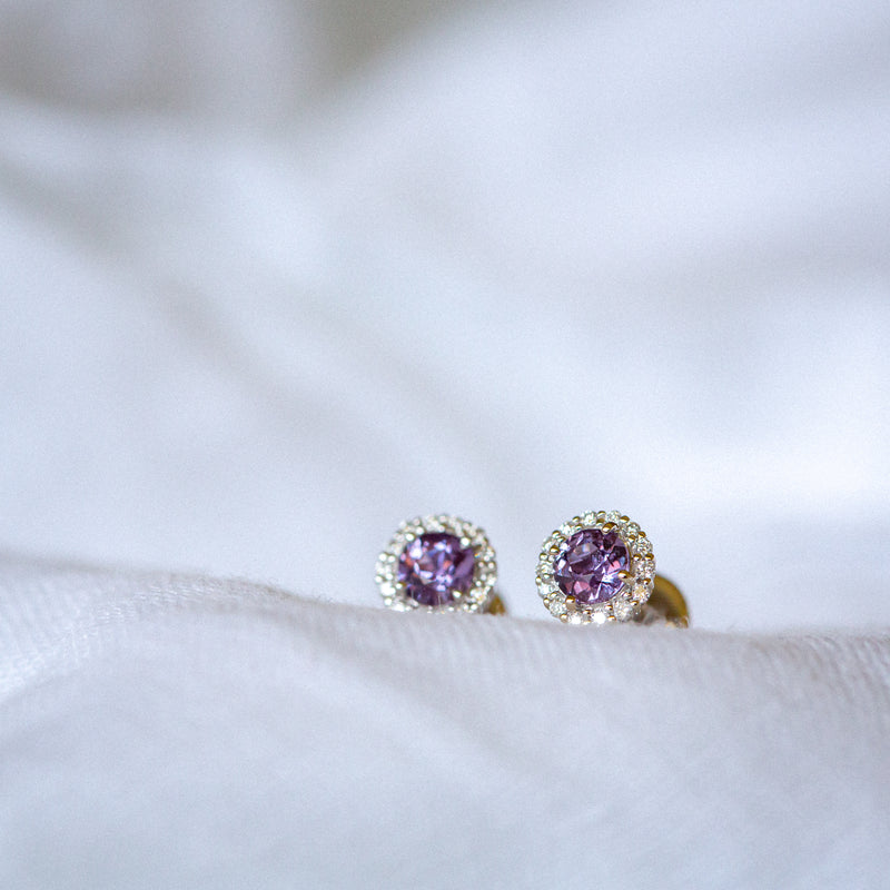 Kimberley | Halo Earrings - Purple Sapphires & Lab Diamonds Side View