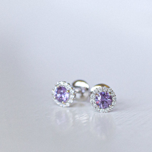 Kimberley | Halo Earrings - Purple Sapphires & Lab Diamonds Front Profile View