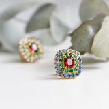 Kimberley | Trinity - Red Spinels, Tsavorites & Ceylon Sapphires Earrings Closeup
