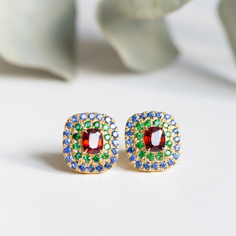 Kimberley | Trinity - Red Spinels, Tsavorites & Ceylon Sapphires Earrings Side by side view