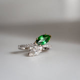 Daintree | Flutter | Toi et Moi - Natural GIA Diamond & Vivid Emerald Green Tsavorite Ring front view