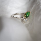 Daintree | Flutter | Toi et Moi - Natural GIA Diamond & Vivid Emerald Green Tsavorite Ring top side view