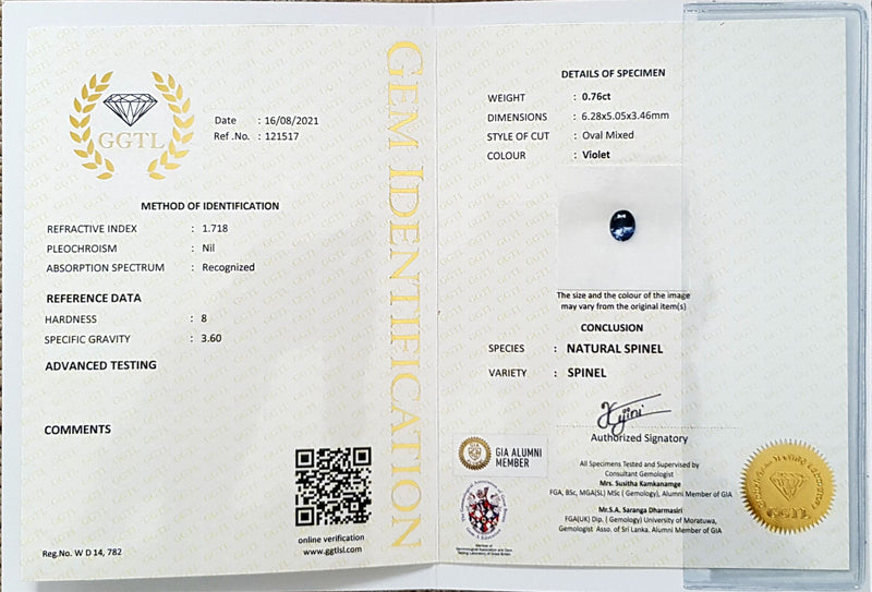 0.76Ct Violet Spinel  Oval Shape lab certificate