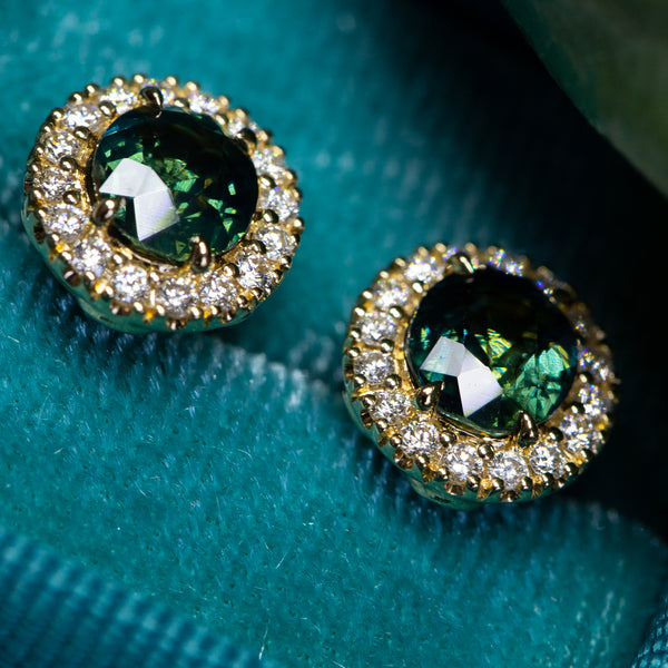 Blue-Green Teal Sapphires & Diamonds Earring