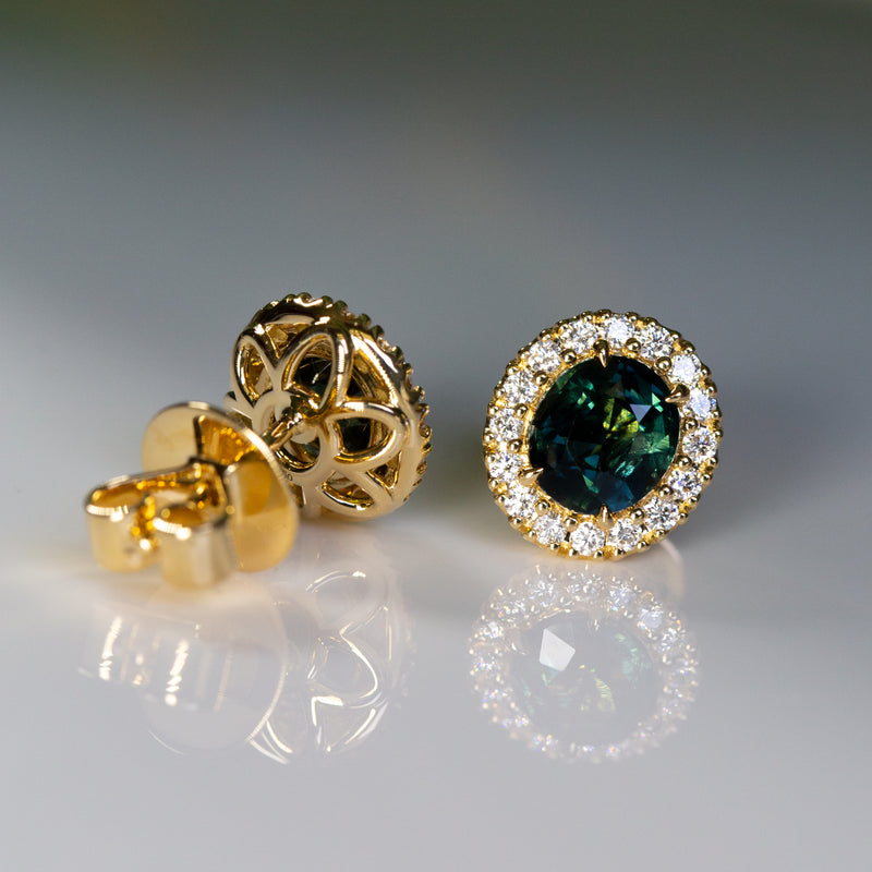 Blue-Green Teal Sapphires & Diamonds Earring indoor light