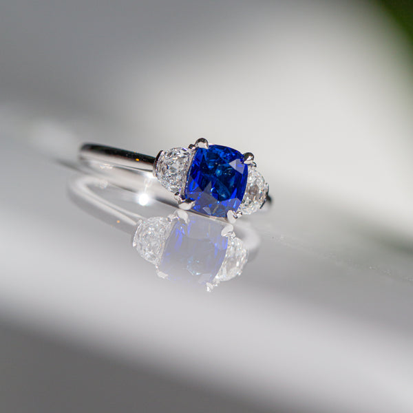 Indian Ocean | Moonlight Trilogy | Vivid Royal Blue Sapphire & Half Moon Lab Diamonds Ring