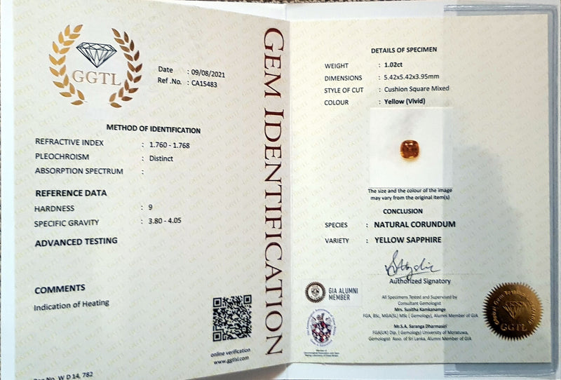 1.02Ct Vivid Yellow Sapphire  Cushion Shape lab certificate