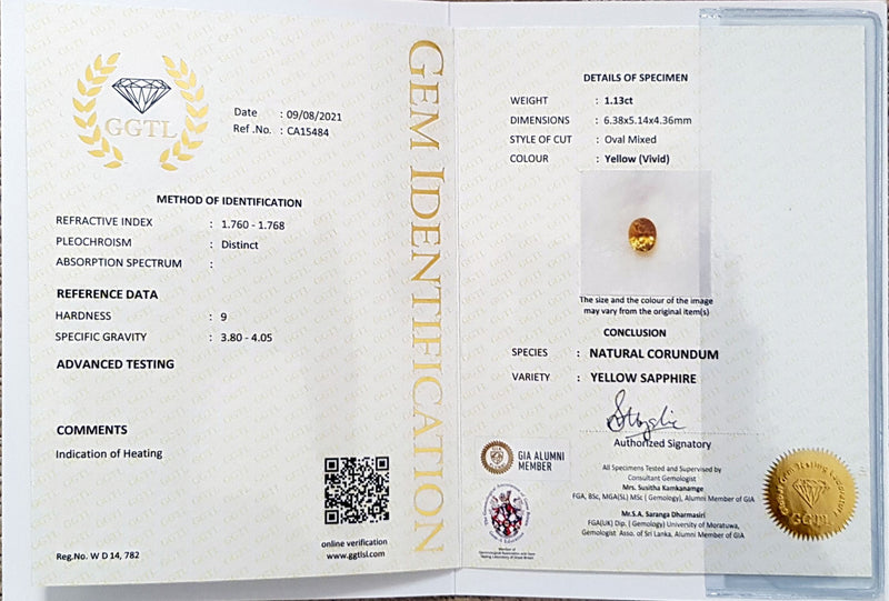 1.13Ct Vivid Yellow Sapphire  Oval Shape lab certificate