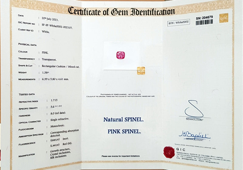 1.38Ct Pink Spinel  Cushion Shape lab certificate