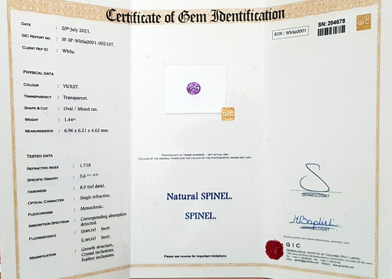 1.44Ct Violet Lavender Spinel  Oval Shape lab certificate