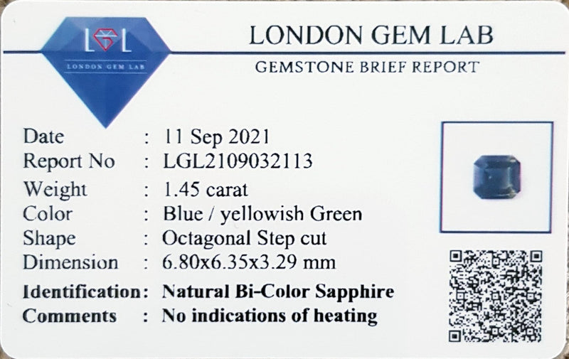 1.45Ct Blue Yellow Green Teal Sapphire  Emerald Shape lab certificate