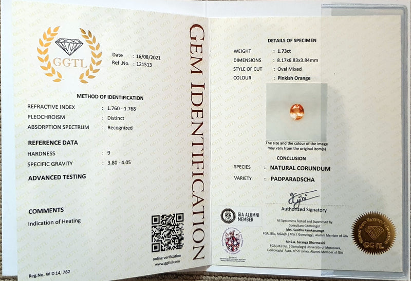 1.73Ct Peach Orange Padparadscha Sapphire  Oval Shape lab certificate