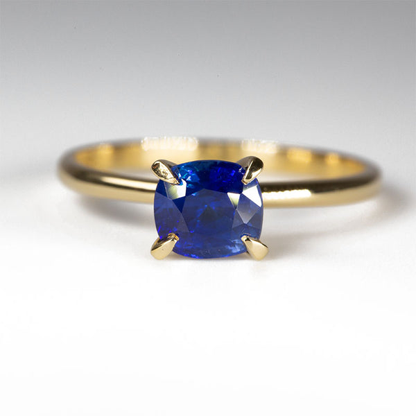 Solitaire Cushion Royal Blue Sapphire Ring - straight