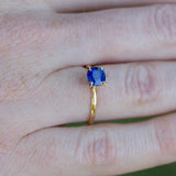 Close up of Solitaire Cushion Royal Blue Sapphire Ring