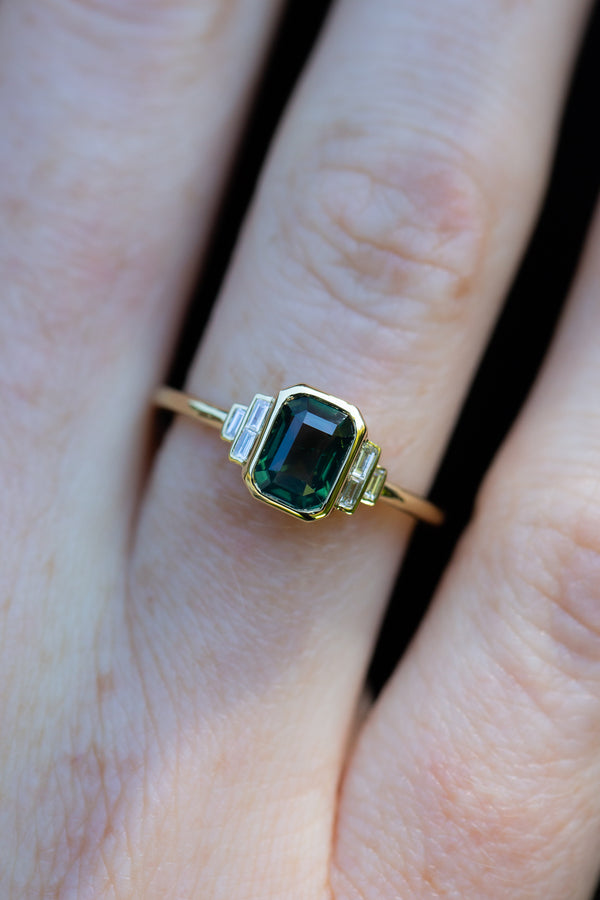 Close up of Art Deco - Forest Green Teal Sapphire & Baguette Diamonds