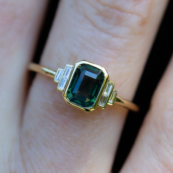 Close up of Art Deco - Forest Green Teal Sapphire & Baguette Diamonds closeup