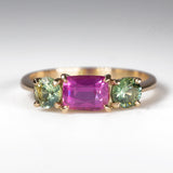 Vivid Pink & Forest Green Teal Sapphires Ring - front view