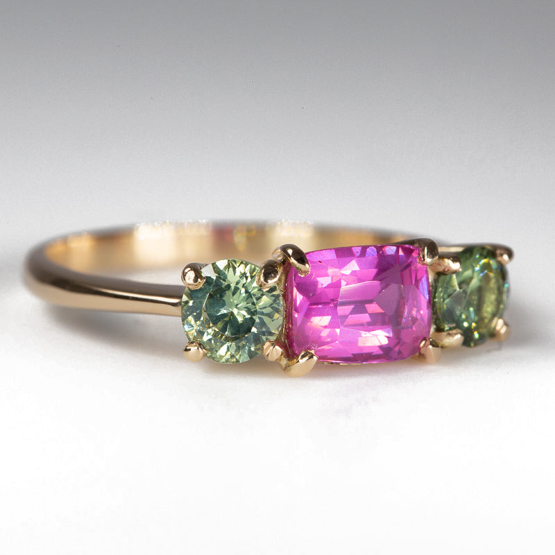 Vivid Pink & Forest Green Teal Sapphires Ring - angled view