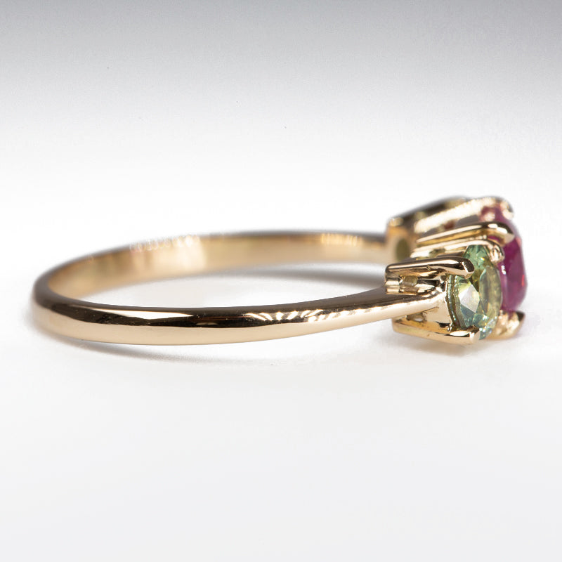 Vivid Pink & Forest Green Teal Sapphires Ring - side view