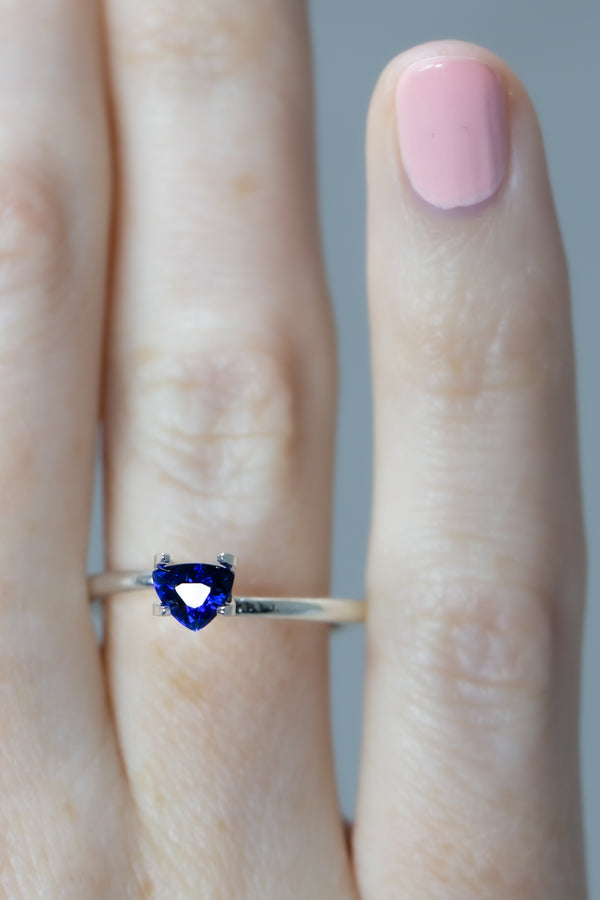 0.63Ct Royal Blue Ceylon Sapphire | Trillion Shape on finger
