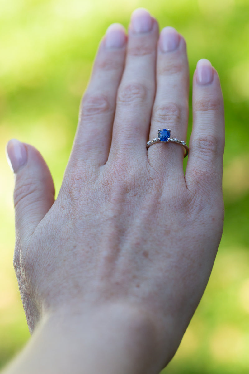  Cornflower Blue Sapphire & Diamonds Ring on hand
