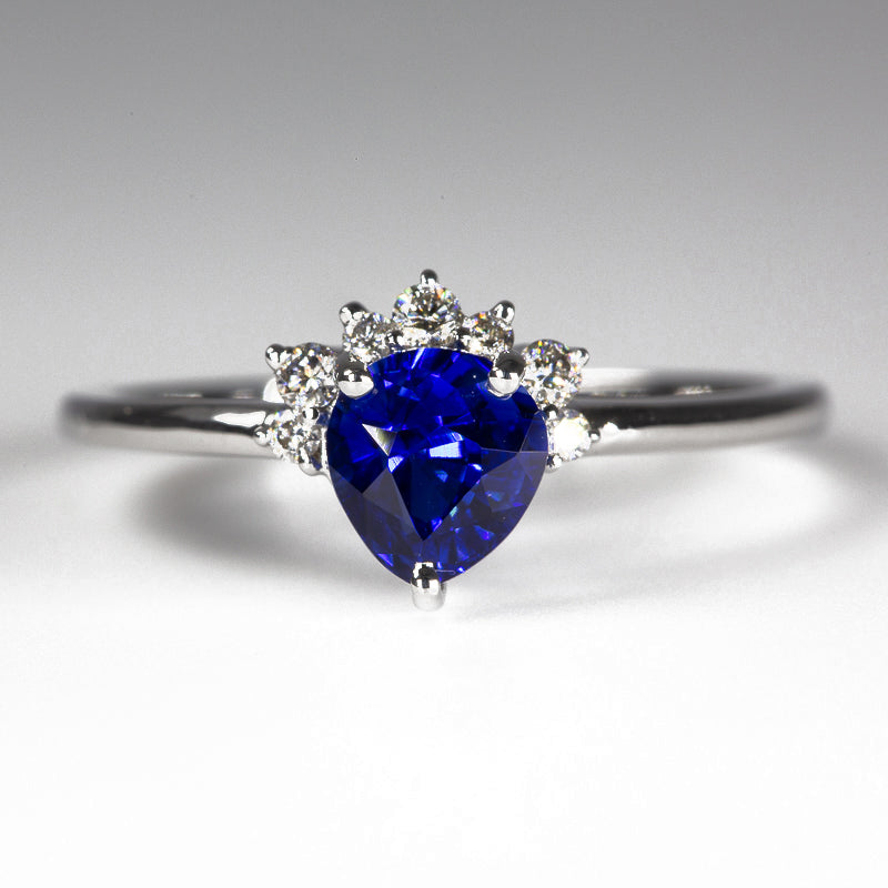Close up of Royal Blue Pear Sapphire & Diamonds Ring  - front view 2