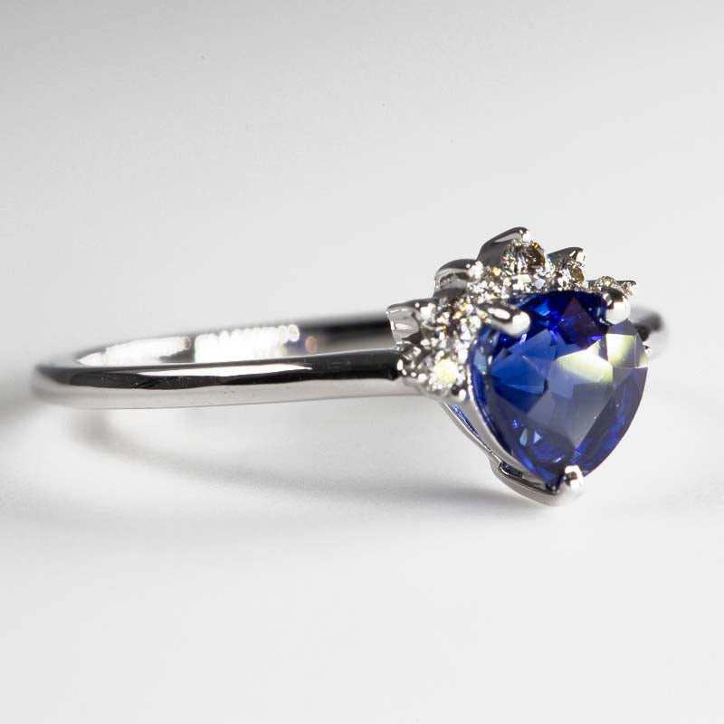 Close up of Royal Blue Pear Sapphire & Diamonds Ring - angle view 2