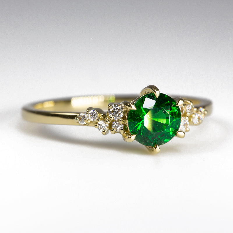 Emerald Green Tsavorite & Diamonds Ring  - angled view