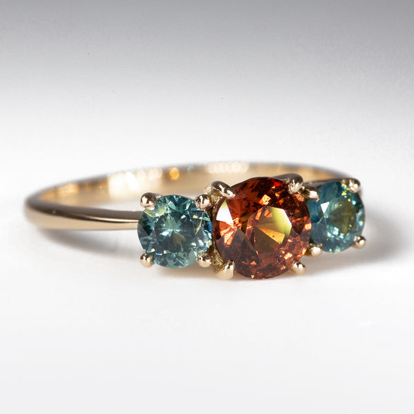 Orange & Blue-Green Teal Sapphires Ring - angled view