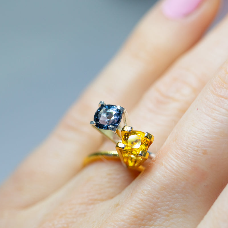 1.14Ct Cobalt Violetish Blue Spinel | Cushion Shape and yellow sapphire from Sri Lanka on finger