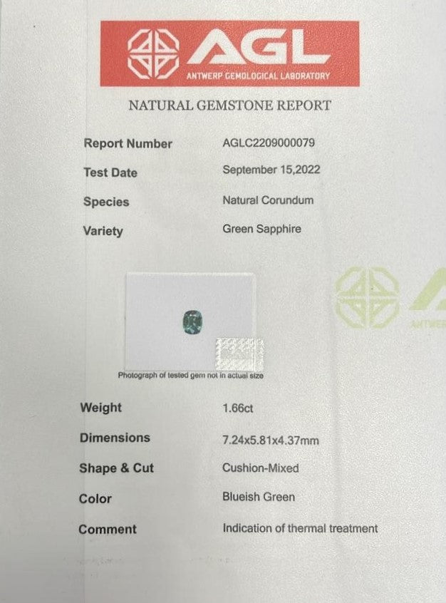 1.66Ct Rich Seaform Green Madagascan Sapphire | Cushion Shape certificate