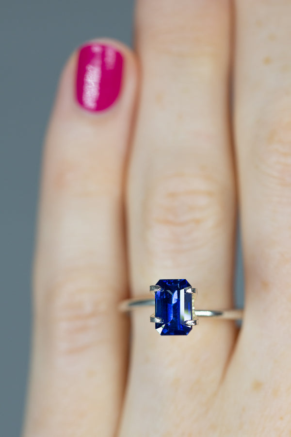 2.07Ct Royal Blue Ceylon Sapphire | Emerald Shape on ring finger