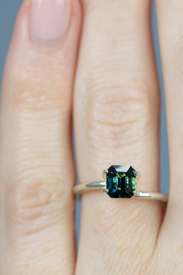 1.61Ct Bi-Colour Blue-Green Madagascan Sapphire | Emerald Shape on finger