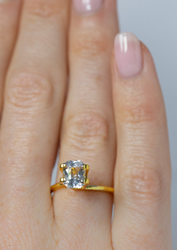 2.05Ct White Sapphire | Emerald Shape from Sri Lanka on ring finger