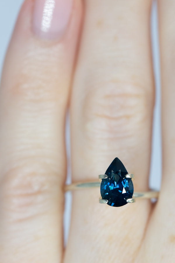 2.27Ct Blue Teal Madagascan Sapphire | Pear Shape on finger