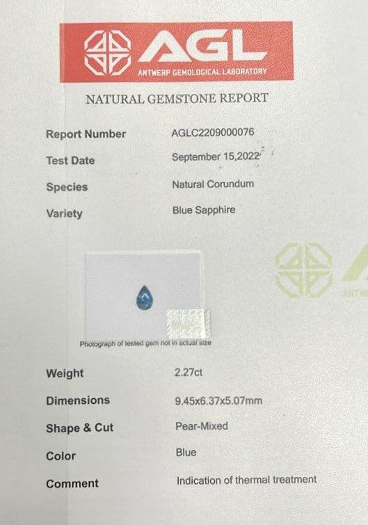 2.27Ct Blue Teal Madagascan Sapphire | Pear Shape certificate