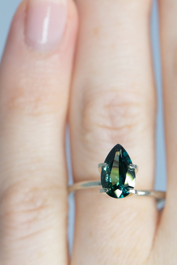 1.69Ct Green Blue Teal Madagascan Sapphire | Pear Shape on finger