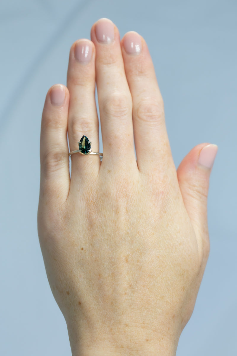 1.69Ct Green Blue Teal Madagascan Sapphire | Pear Shape on hand