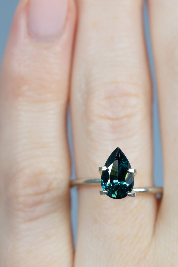 1.89Ct Blue-Green Teal Madagascan Sapphire | Pear Shape on finger