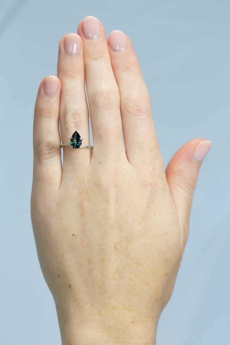 1.89Ct Blue-Green Teal Madagascan Sapphire | Pear Shape on hand