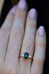  Forest Green Teal Sapphire & Pear Diamonds Ring on ring finger