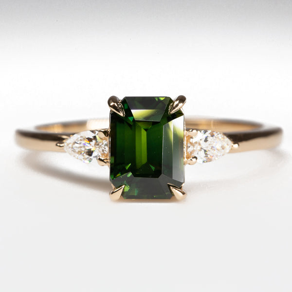 Forest Green Teal Sapphire & Pear Diamonds  - front view
