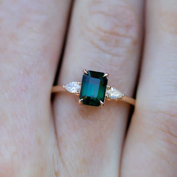 Forest Green Teal Sapphire & Pear Diamonds Ring on finger