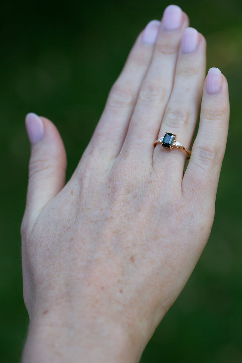  Forest Green Teal Sapphire & Pear Diamonds Ring on finger
