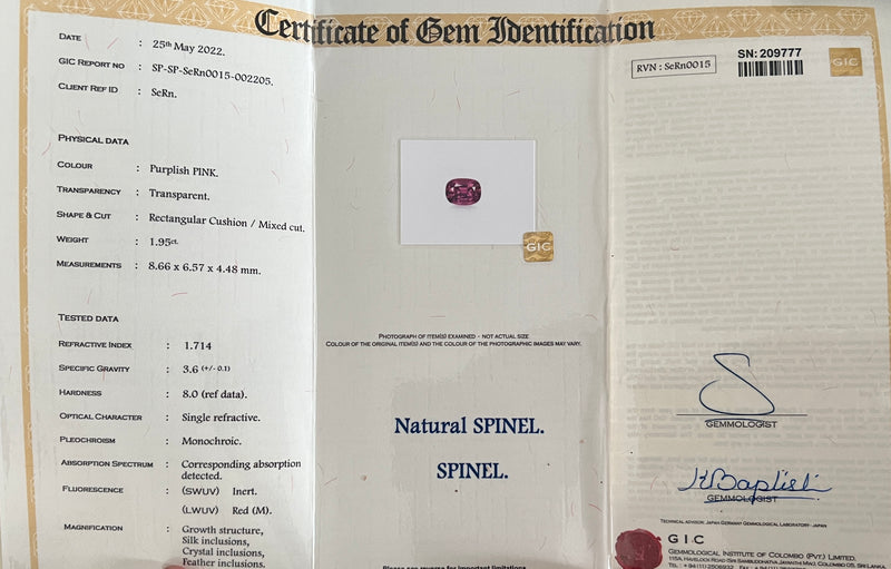 1.95Ct Purple Pink Shiraz Ceylon Spinel | certificate