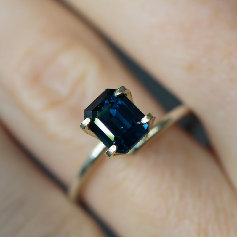 2.26Ct Vivid Blue (Basaltic) Madagascan Sapphire | Emerald Shape on finger